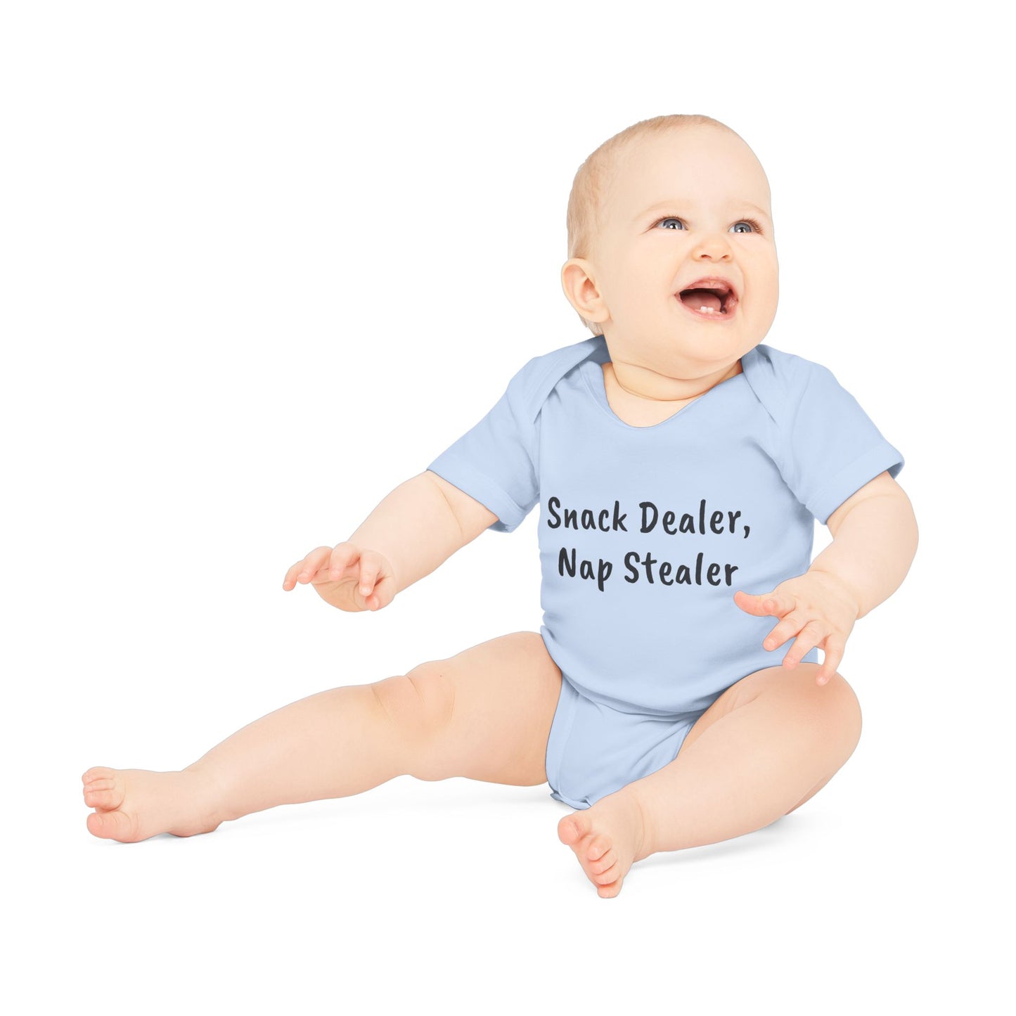 Snack Dealer, Nap Stealer Funny Baby Organic Short Sleeve Bodysuit