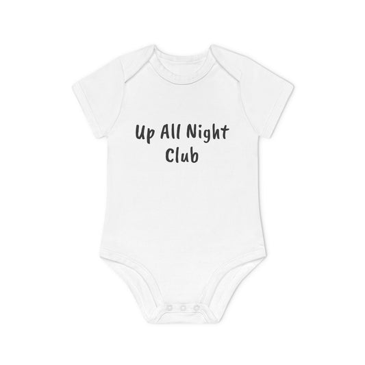 Up All Night Club Funny Baby Organic Short Sleeve Bodysuit