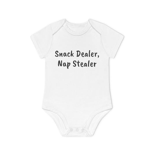 Snack Dealer, Nap Stealer Funny Baby Organic Short Sleeve Bodysuit